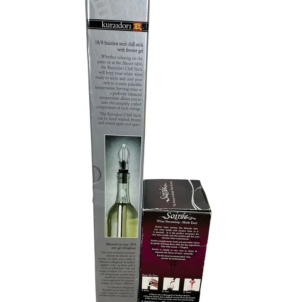 Kuraidori Stainless Steel Wine Chill Stick‎ & Soiree Glass In-Bottle Aerator Set